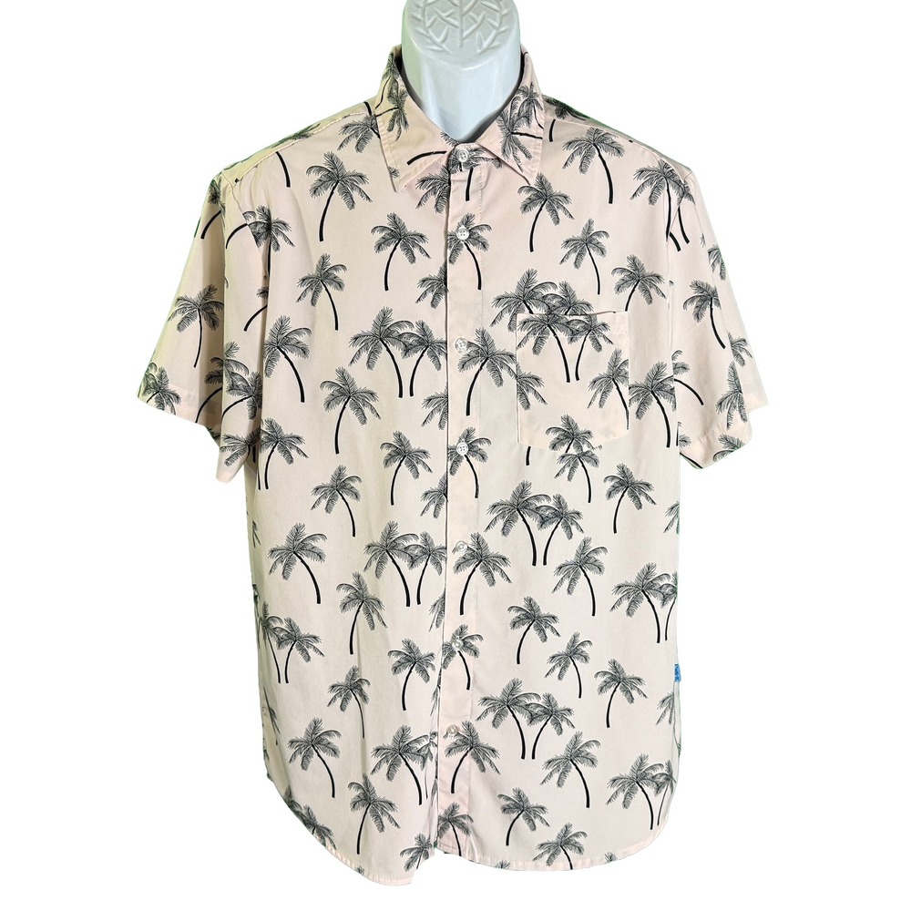 VSTR Button Down Shirt Mens Large Pink Palm Tree 4-Way Stretch Short Sleeve